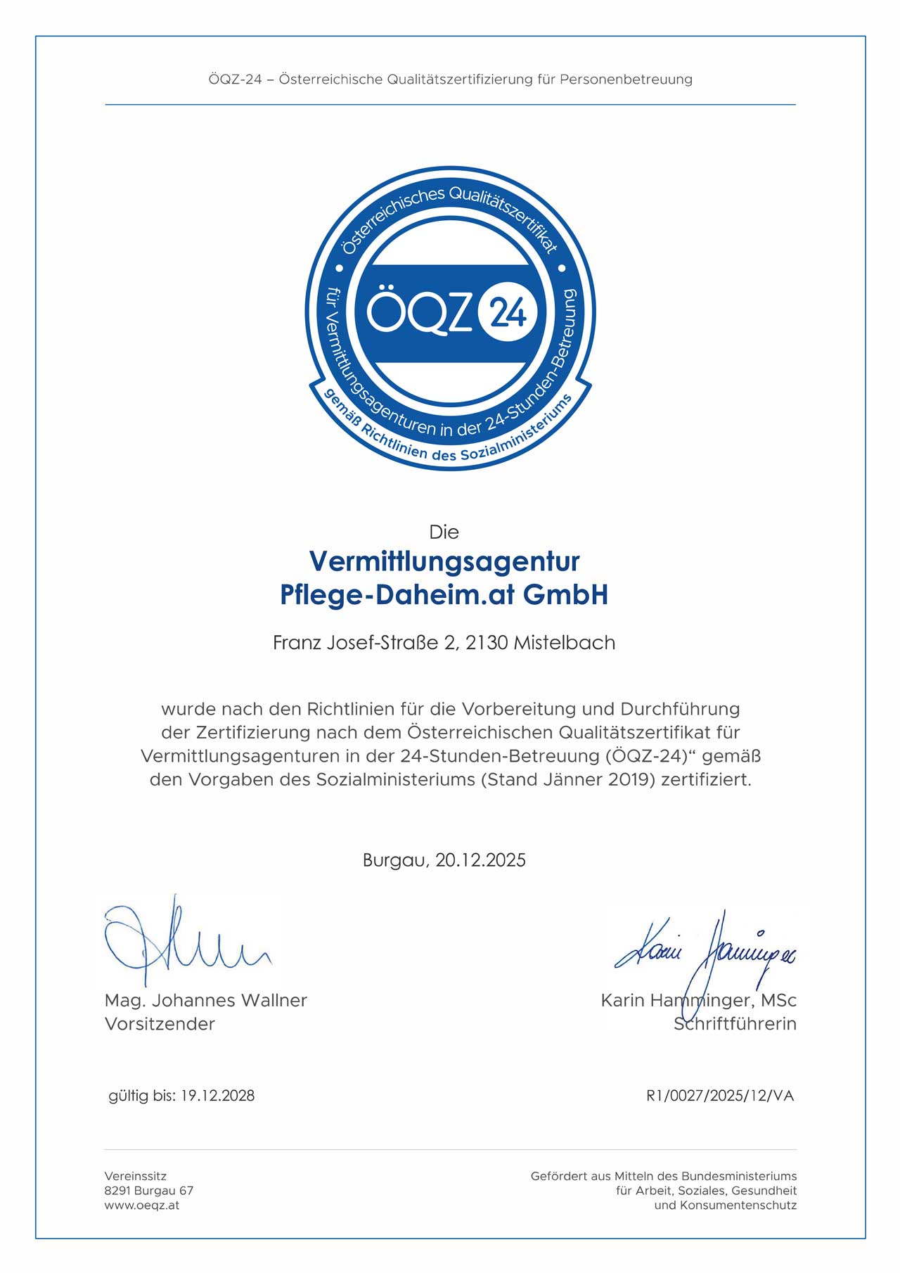 ÖQZ Zertifkat für Pflege daheim